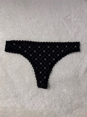 PINK Victoria’s Secret Cotton Lace-Waist Thong Lace Trim Black Logo Diamond